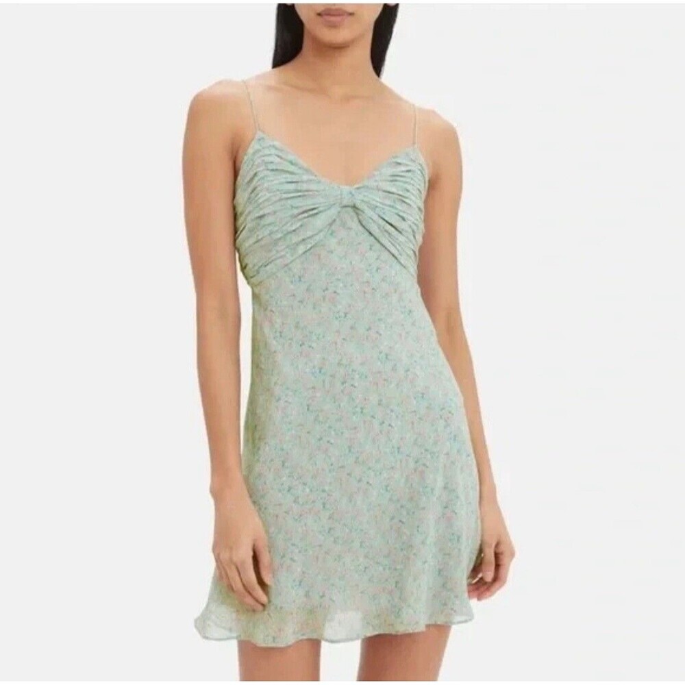 DIVINE HERITAGE Mini Dress LARGE Floral Printed Sage Slip Green Ruched Spaghetti